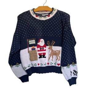 Vintage Bonnie Noble Mock Neck Christmas Santa Navy Blue Scallop Hem Sweater M